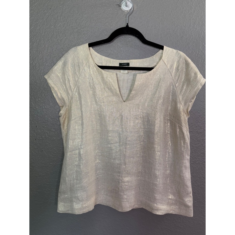 J.Crew Metallic Gold Linen Split Neck Cap Sleeve Blouse Top Size 8 Career Layer